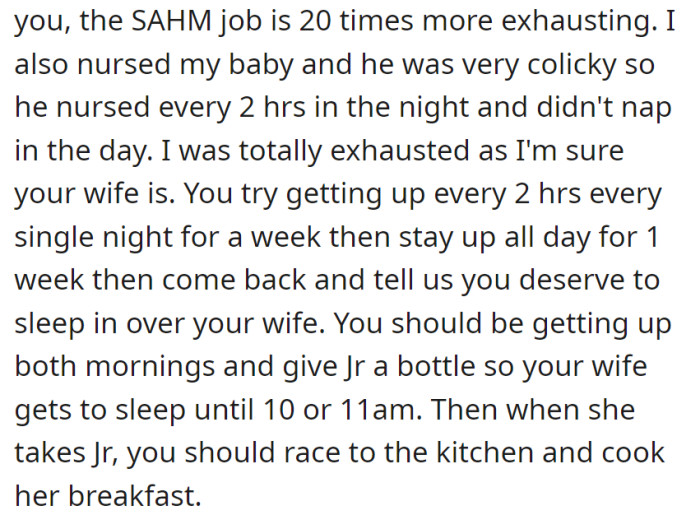The Redditor told him the SAHM job is far more exhausting than any other job: