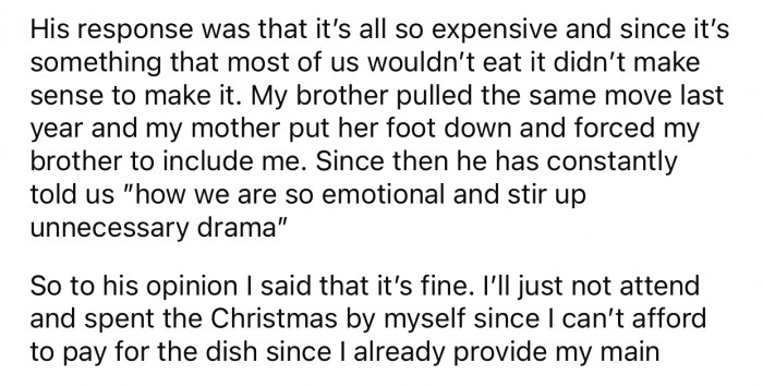 OP decided not to attend the Christmas dinner entirely after the way her brother behaved.