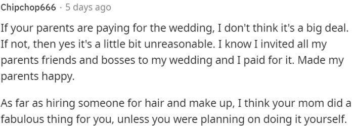 If the parents are paying, inviting their friends and bosses might be acceptable