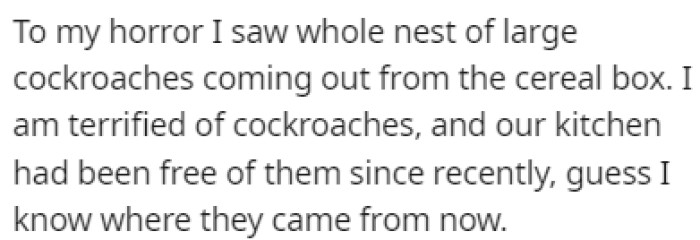 OP found a cockroach nest coming out of a cereal box in their cabinets