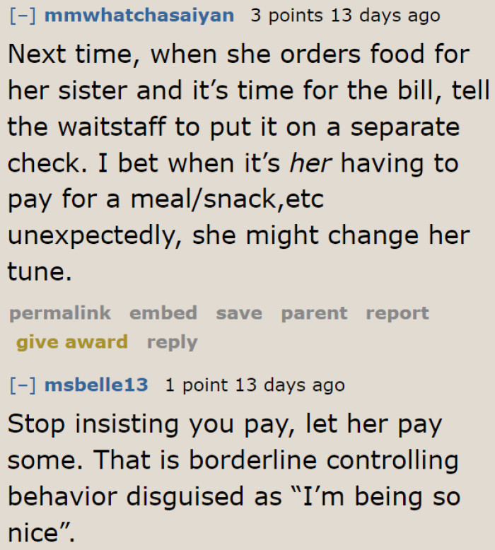 The OP needs to ask the waitstaff for a separate bill. That way, his girlfriend will pay for her sister.