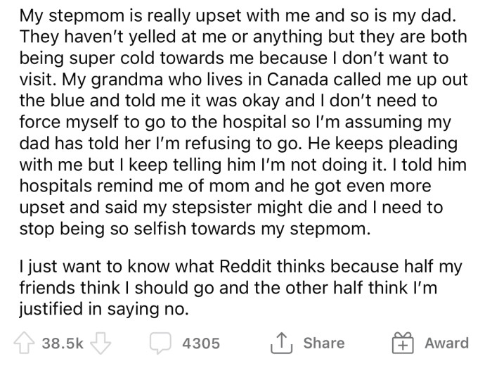 Both OP's parents are upset with her because she refuses to visit her stepsister in the hospital.
