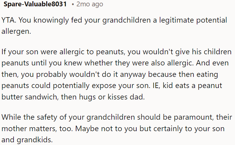 If OP fed her grandkids something they might be allergic to, that would not be cool.