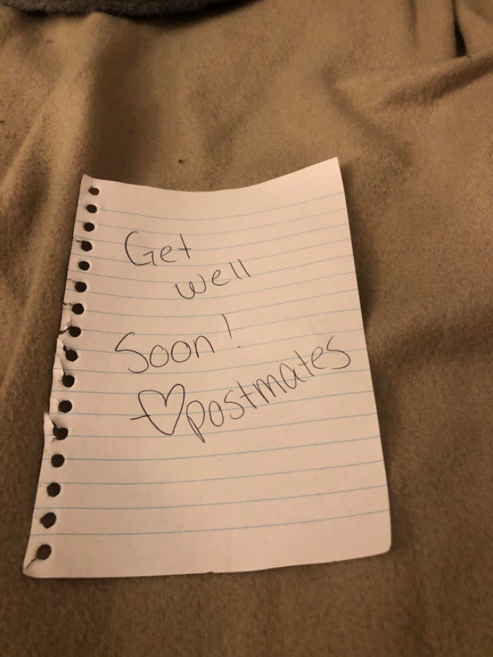 19. “I’m extremely sick and ordered some medicine and drinks from 7-11. I put in the delivery instructions to knock and leave at the door, as I don’t want to pass it on. She left this little note in the bag. It’s the little things that count.”