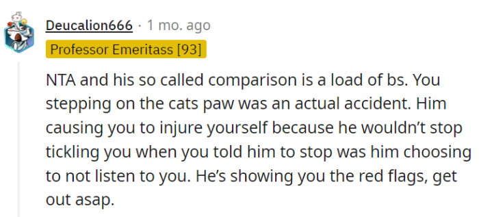 His clumsy comparison between an accident and his tickle fiasco falls flat.