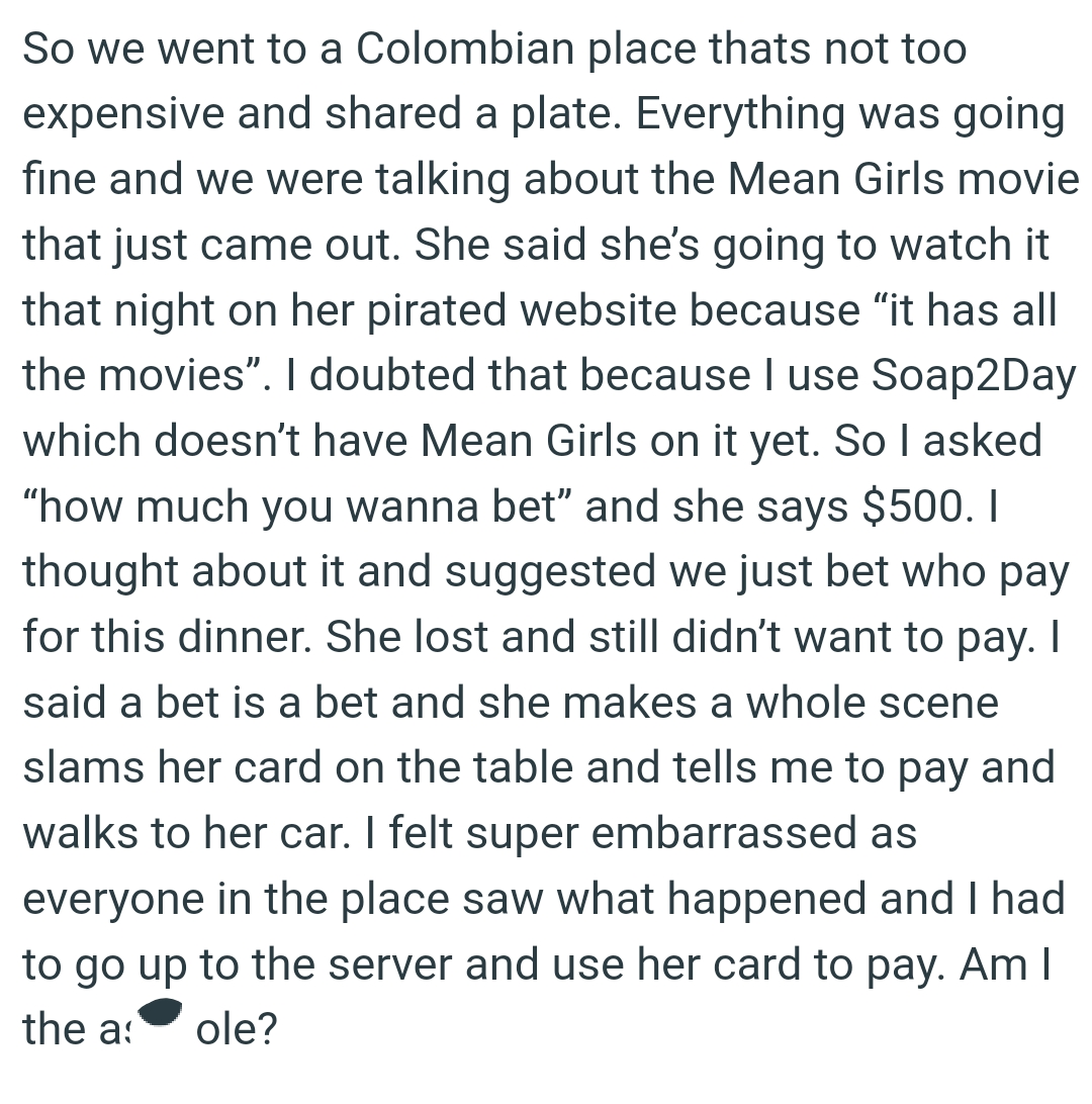 She makes a whole scene, slams her card on the table, and tells the OP to pay