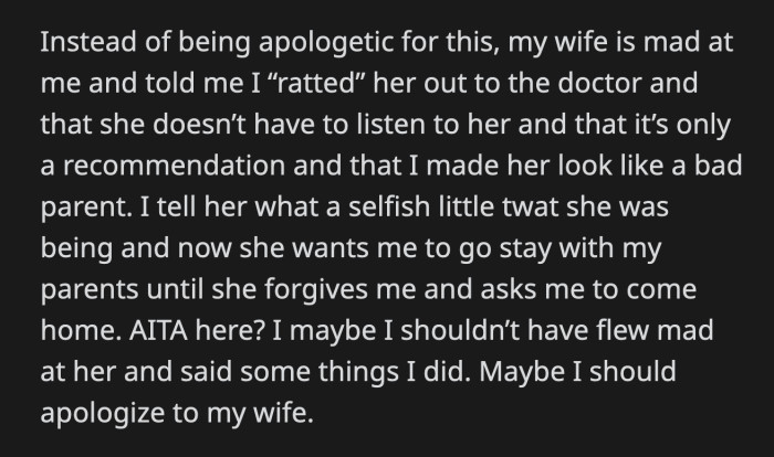 The doctor stated that the inappropriate food had caused their daughter's stomach to be upset. OP's wife became angry that he 