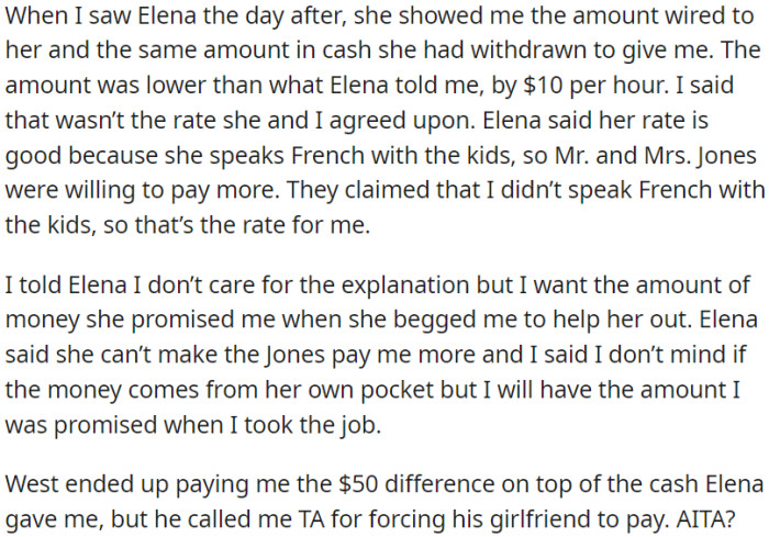 OP received a smaller amount of money than what was initially promised, and she emphasized the request for the originally agreed-upon sum. Eventually, OP did receive the initially promised amount from her cousin, but the cousin criticized OP.