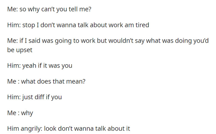 Her partner grew increasingly evasive and irritated when she inquired about his work, insinuating a difference between their situations and leaving her frustrated by his secrecy.