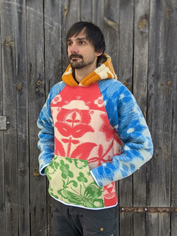 20. They upcycled leftover pieces from wool blankets into a hoodie.