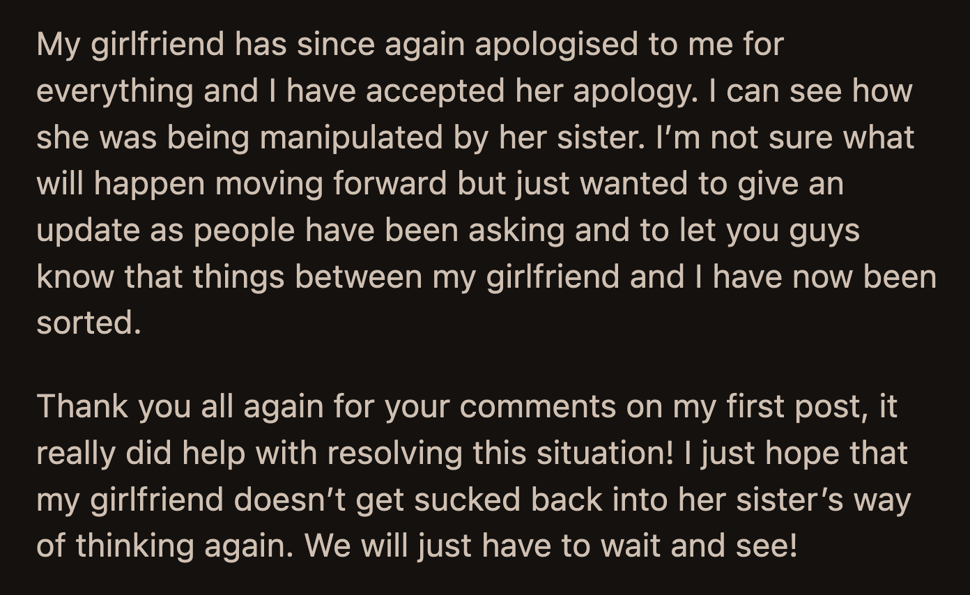 OP said their relationship was back on track after that. They are taking things slow and seeing how far their relationship can go.