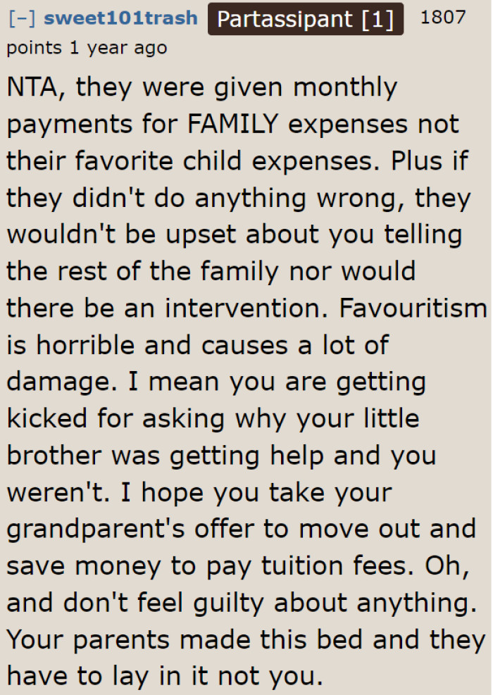 The parents were misusing the money, so they don't deserve it.