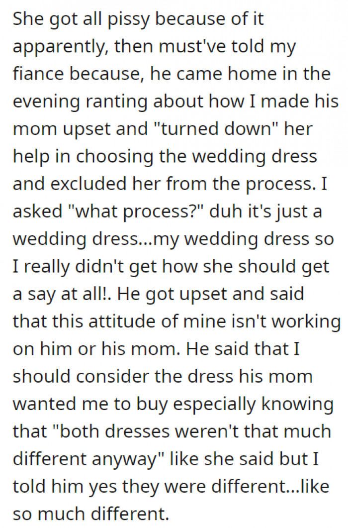 Apparently, his mom was really hurt after OP’s polite declining of her mother-in-law’s suggested dress and told her son about it, in exaggeration, of course. What’s even more bizarre is that the guy was siding with his mom the whole time!