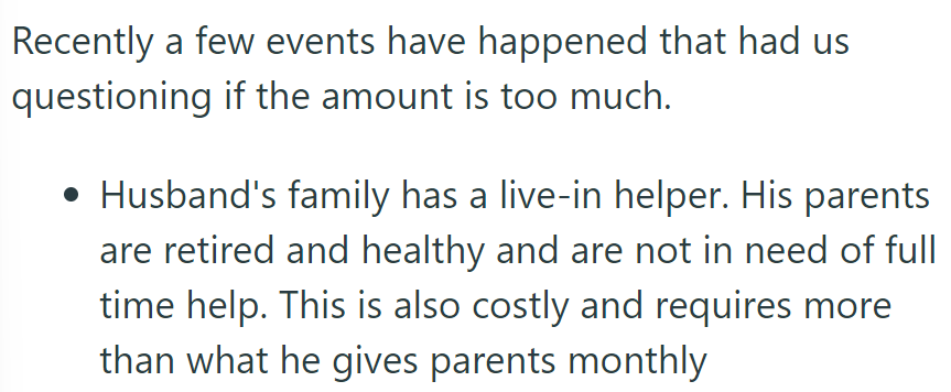 Husband's support for parents questioned due to their health and live-in helper costs.