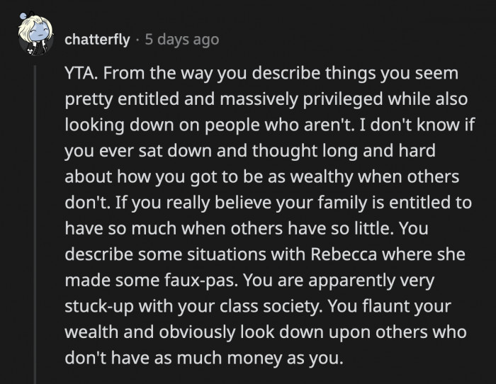 A Commenter Said OP Is the A**hole Based on How She Sees Wealth and the Privilege That Comes with It