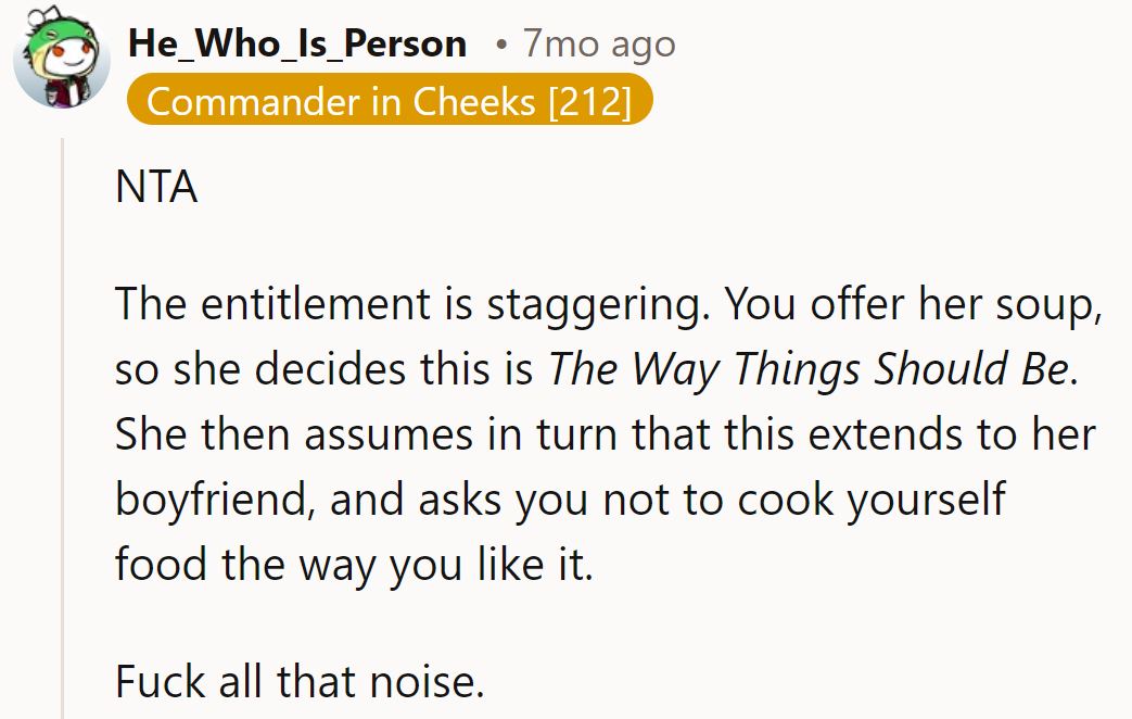 Soup's shared, yet it's now a kitchen rulebook? Boyfriend's broccoli woes? Not their concern.