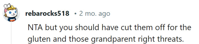 Gluten and grandparent rights, quite the unappetizing combo! Cutting them off would be like switching to a more delightful menu.