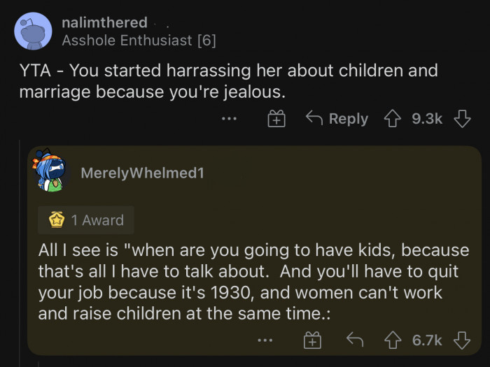 It's not 1930; you don't have to quit your job because you want to have kids.