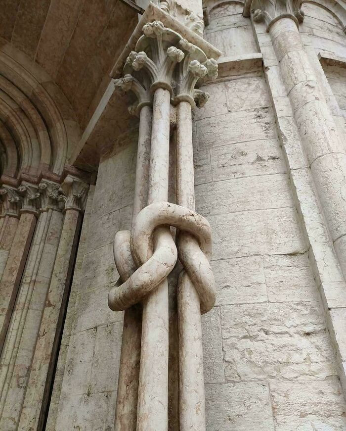 "13th Century - Four Marble Columns In Trento Cathedral, Carved Into Intricate Knots That Feel Almost Impossible In Stone. Location: Trento Cathedral, Italy"
