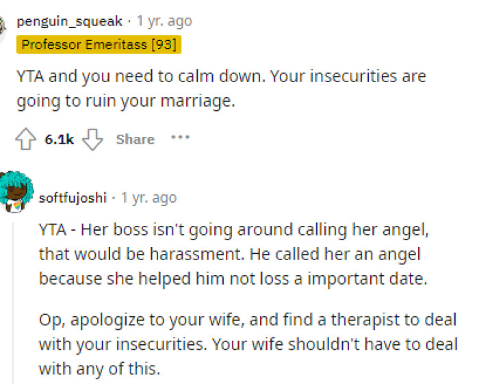 It's quite unfortunate, but everyone automatically calls OP the TA because he seems to be very insecure about this and doesn't trust his wife.