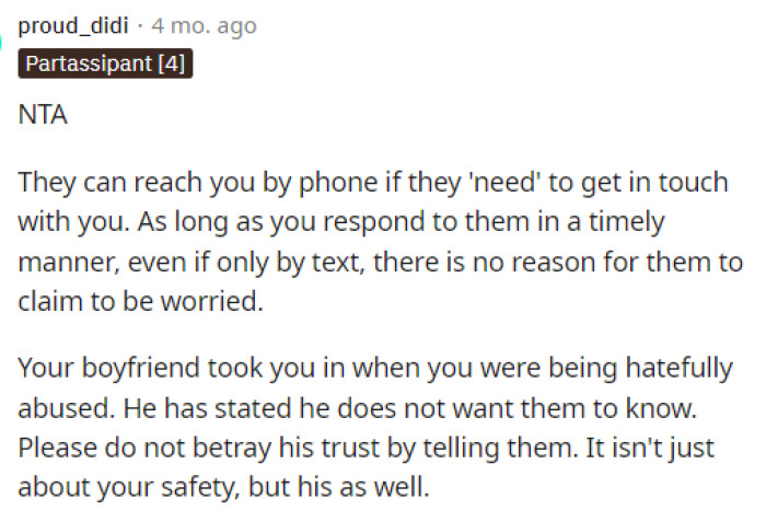We understand that parents want to know the address of their child, but if the child doesn't want to share it, then that says a lot about their relationship.