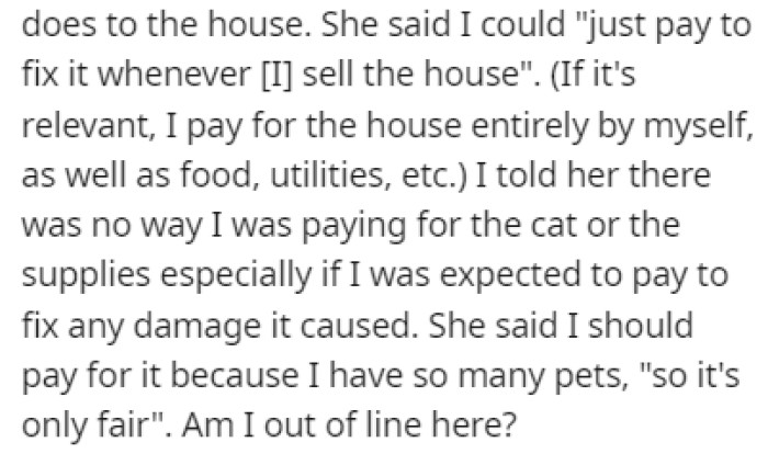OP doesn't see why he would pay for a cat that he doesn't want