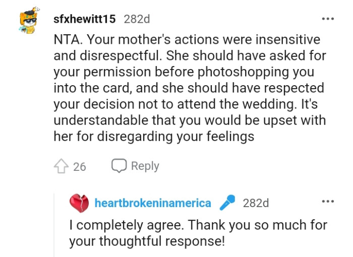 She should have respected the OP's decision