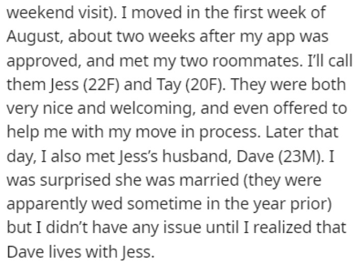 The roommates were nice to OP, and she also met Jess's husband, Dave