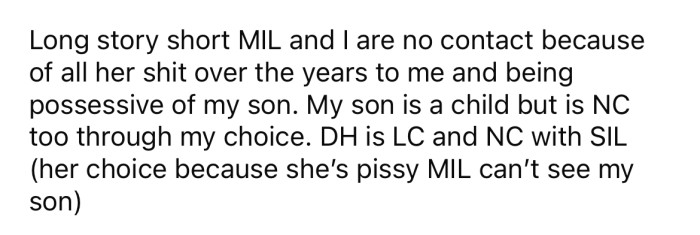 The OP explained that she has had no contact with her MIL due to various conflicts over the years.