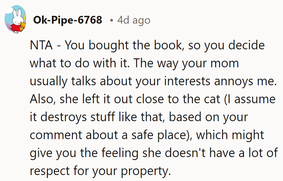 OP's the book boss. Mom's comments need a rewrite. Beware of the cat—potential plot spoilers!