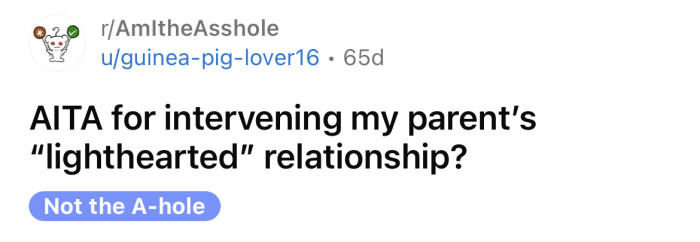 The OP asked if she's an a**hole for intervening in her parent's relationship.