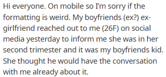 OP's boyfriend's ex-girlfriend reached out to her to tell her that she's pregnant with her boyfriend's child