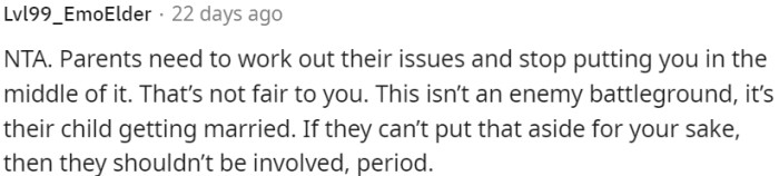 If parents are unable to set aside their differences for the sake of their child, it may be best for them not to be involved in the wedding at all.