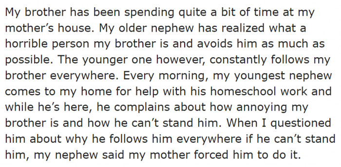 The OP's younger nephew is hanging out with bad company — his narcissistic father.