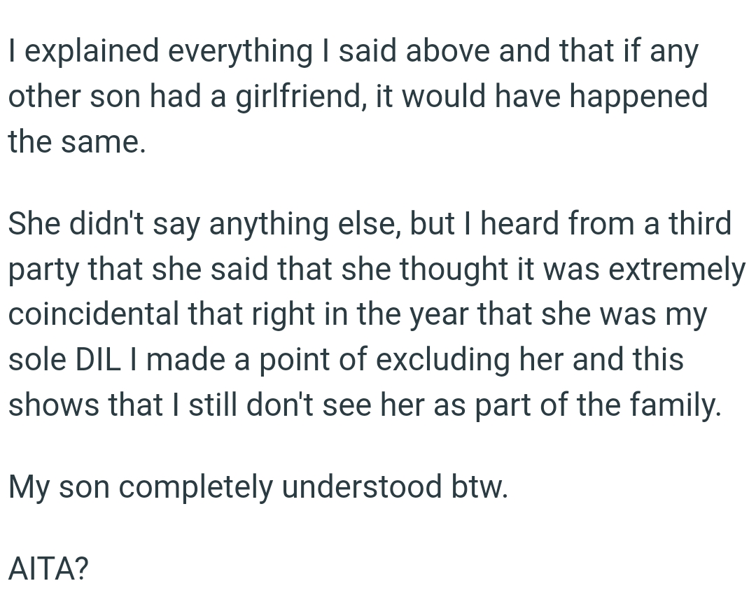 The OP Made a Point of Excluding Her, Which Shows That She Still Doesn't See Her as Part of the Family