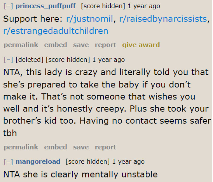 Her remarks about the OP dying in childbirth were just so creepy.