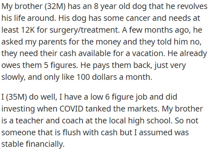 OP's brother prioritizes his ailing 8-year-old dog, who needs costly cancer surgery, and OP's parents won't provide financial assistance.