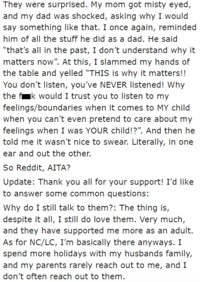 The OP's refusal made her parents upset.