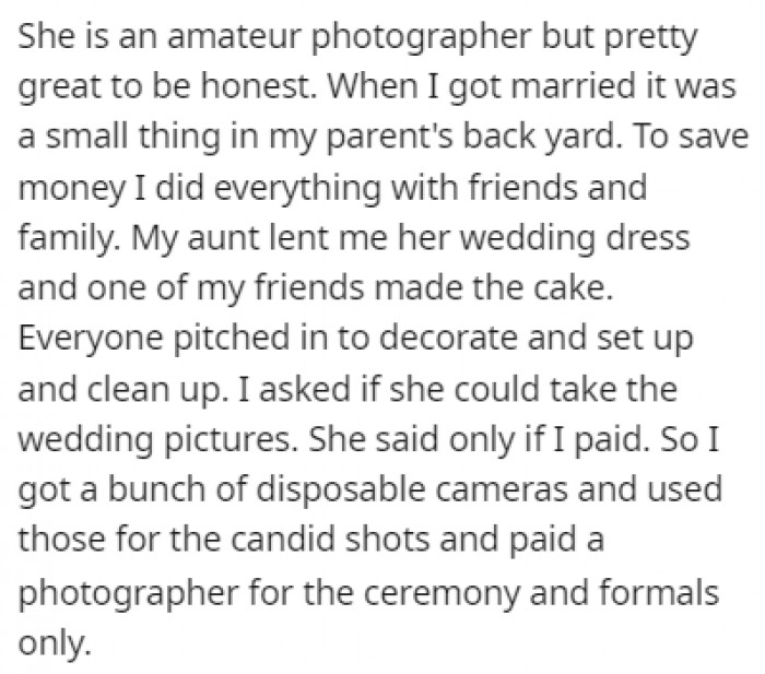 OP's sister is a photographer, but she didn't want to photograph her wedding for free even though everyone else helped out