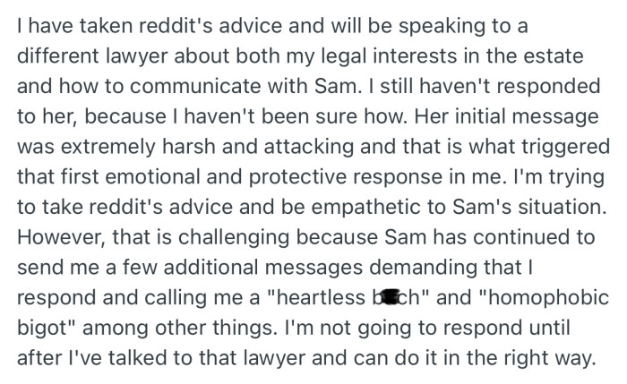 OP decided to speak to a different lawyer for advice, especially since Sam has been sending more harsh messages