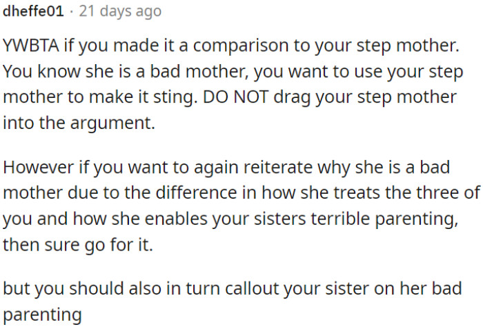 OP is using her stepmother indirectly to emphasize the point without dragging her into the argument.