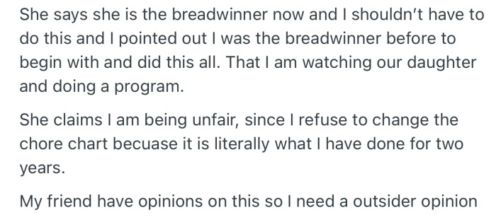 OP’s wife refused to budge and kept insisting they adjust the chore chart