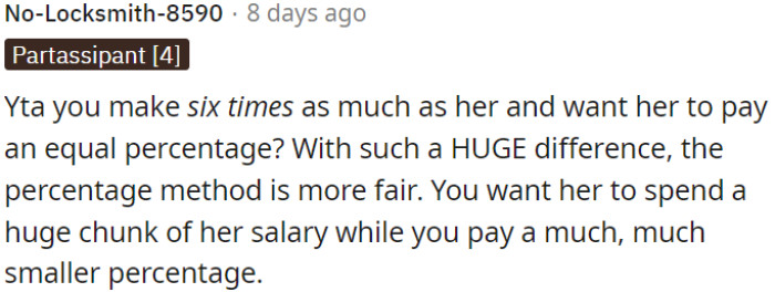 The OP makes six times as much money as her girlfriend but still expects her to contribute an equal amount.