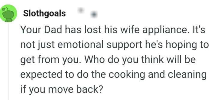 Who will be doing the cooking and the cleaning if the OP decides to move back?