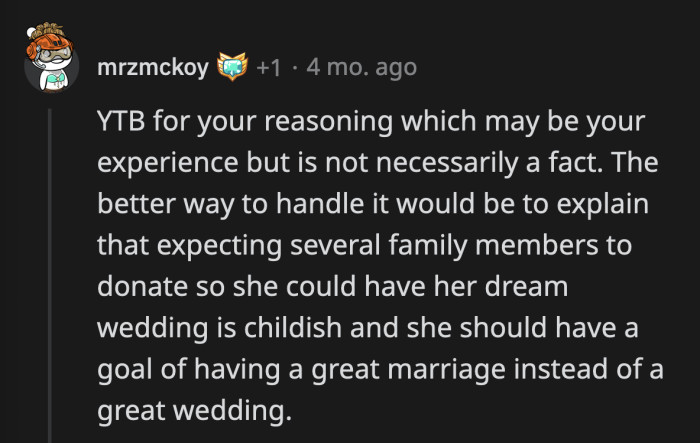 Commenters admonished OP for baselessly concluding that expensive weddings result in short marriages when the issue really was the expectation of handing out unreasonable amounts of money