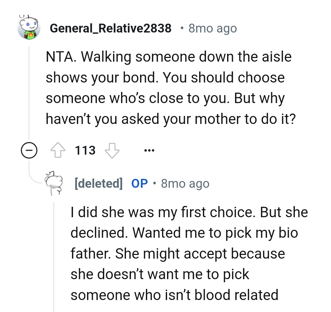 OP's mom clearly wants her biological dad to walk her down the aisle