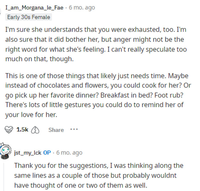 Many people came to the comments with some really helpful ideas and information on how he might be able to make it up to her.