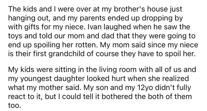 OP's parents brought some gifts to their 'first grandchild,' which caused a lot of tension.