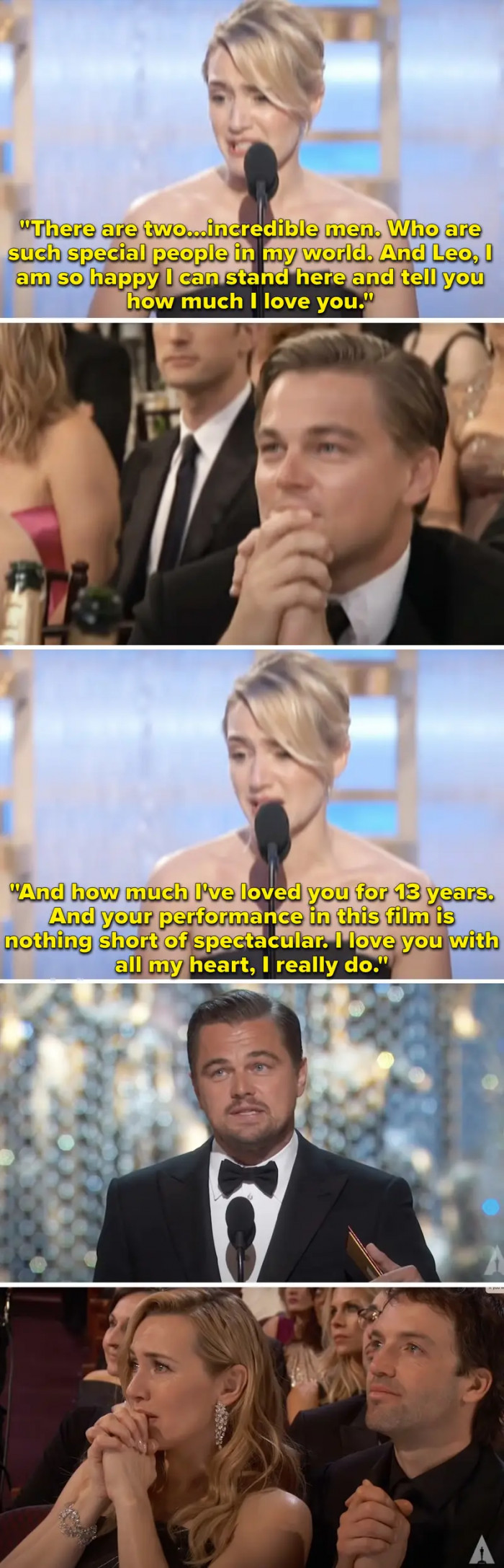 7. When Kate Winslet thanked Leonardo DiCaprio during her 2009 Golden Globes acceptance speech, then Leo won his first Oscar in 2016, and she looked up at him with so much pride and joy.