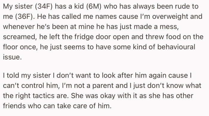 OP told her sister that she wouldn’t be available to babysit her son again due to his “behavioral issues.”